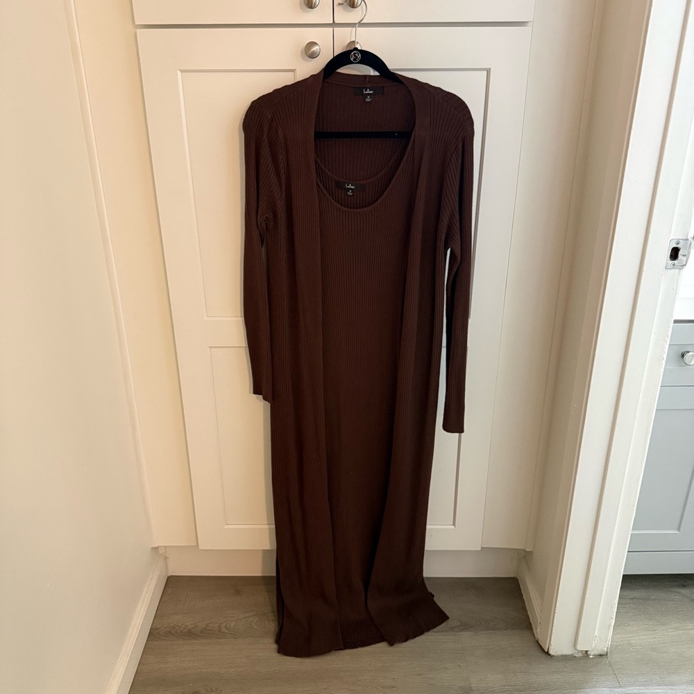 Lulus Layer Lover Brown Ribbed Knit Two-piece Dress & Cardigan Set - Size M - Picture 2 of 10